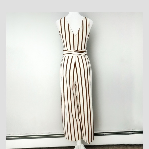 Bershka Anthropologie Jumpsuit Brown White Stripe Convertible Belted Cropped Leg - Picture 6 of 16